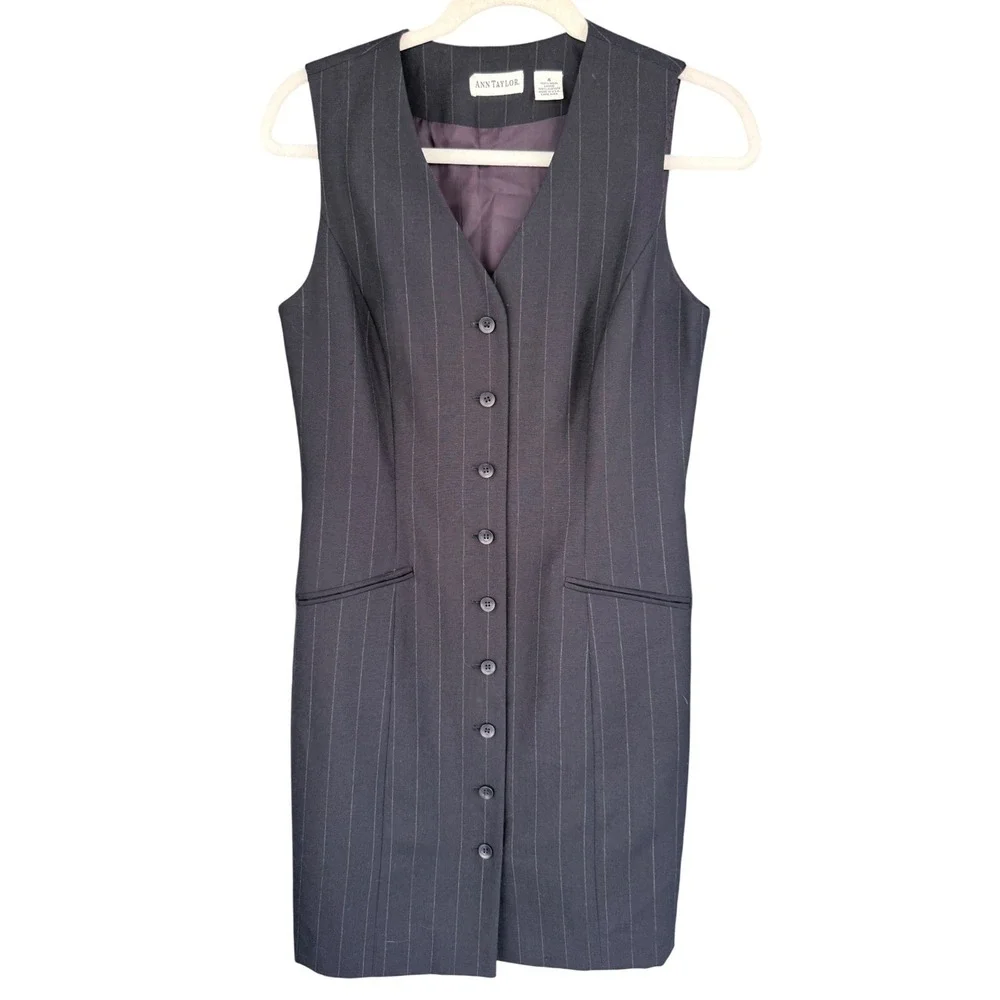 C1 Y2K Ann Taylor Vintage Wool Pinstripe Vest Dress Sleeveless Button Navy Blue